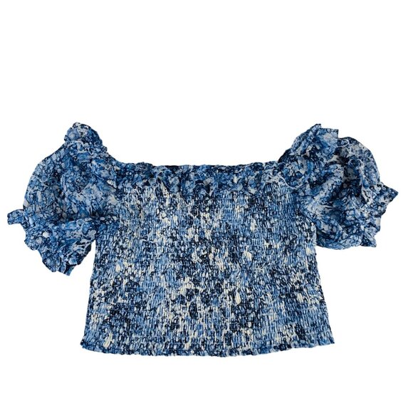 Express 2 Piece Set Off Shoulder Smocked Floral Dress Size M Blue White Crop Top - Picture 4 of 16